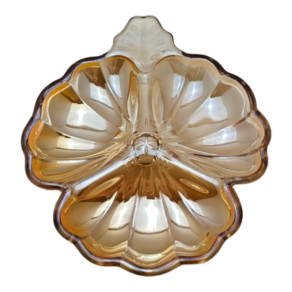 Vtg Carnival Glass Shamrock Clover Leaf Trinket Candy Nut Divided Dish Peach 7"